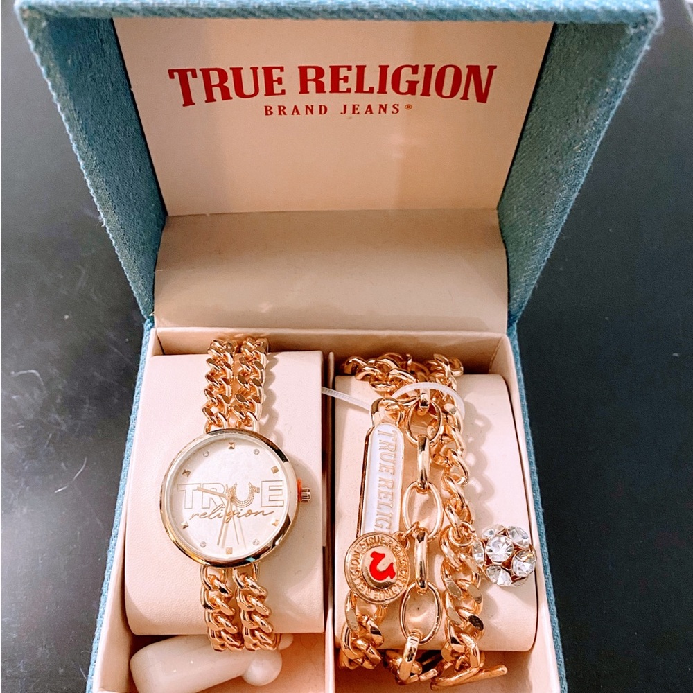 True Religion Gold Watch and 3 Charm Bracelets Set